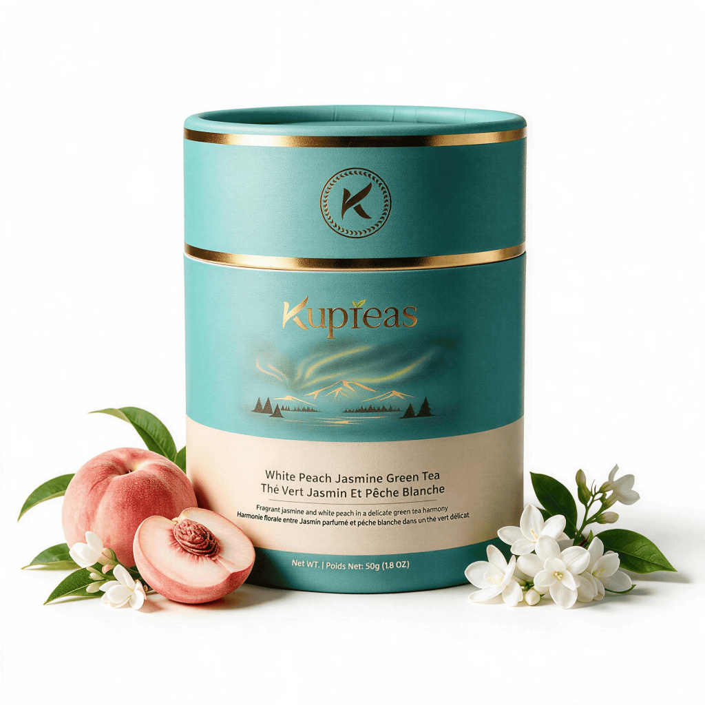 Kupteas White Peach Jasmine Green Tea loose leaf tin, 50g Signature Series