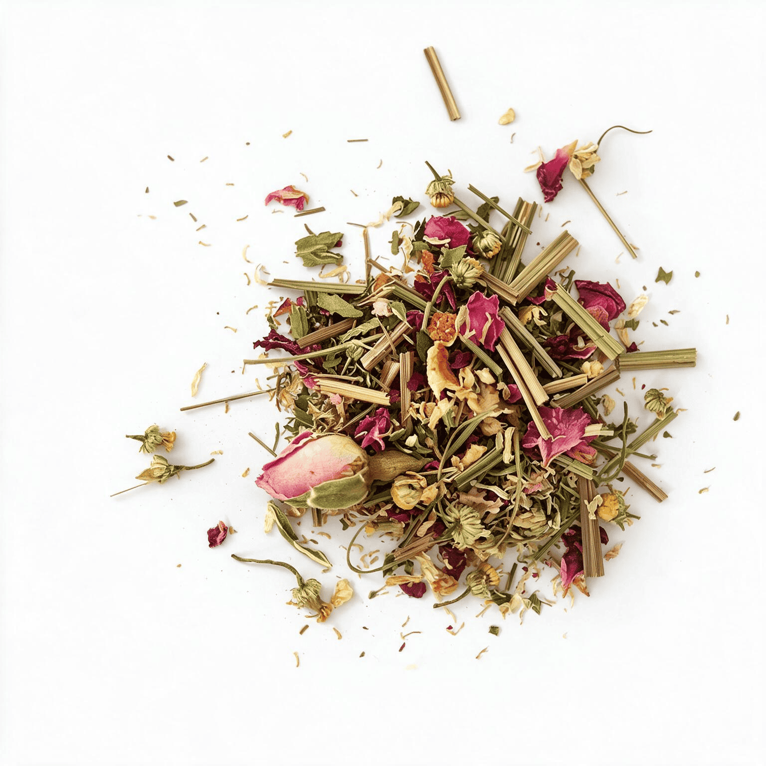 Loose herbal tea with chamomile, rose petals, and herbs on white background.