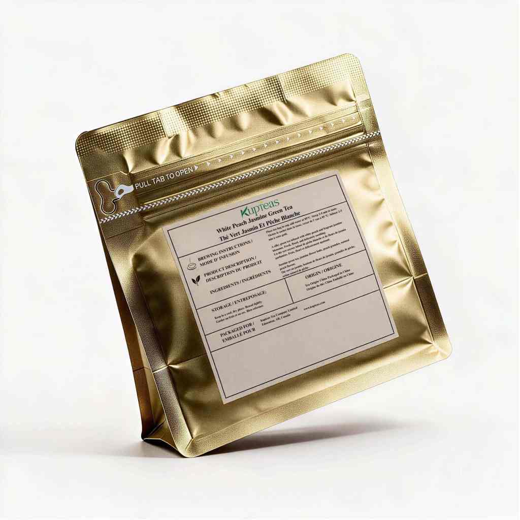 Kupteas Discovery Series White Peach Jasmine Green Tea 4 tea bags in gold stand-up pouch