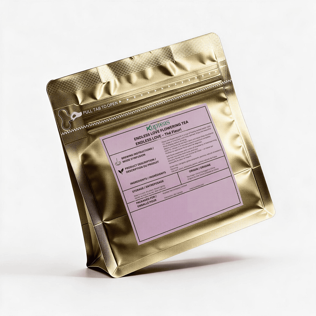 Kupteas Endless Love Flowering Tea gold pouch with purple label and 2 blooming tea balls