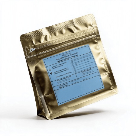 Kupteas Golden Crown Flowering Tea gold pouch with blue label and 2 blooming tea balls