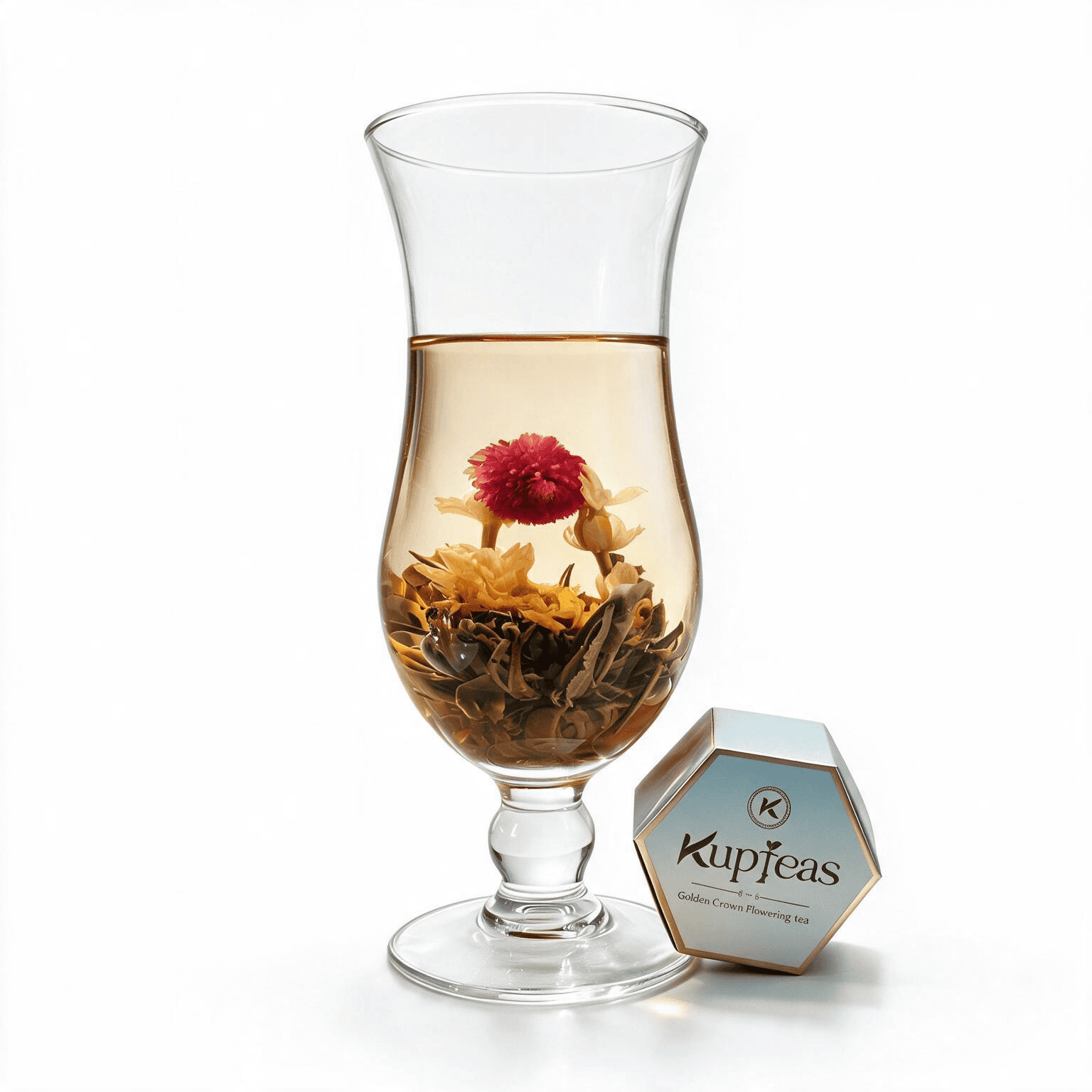 Flowering tea with a blooming flower inside a glass cup.