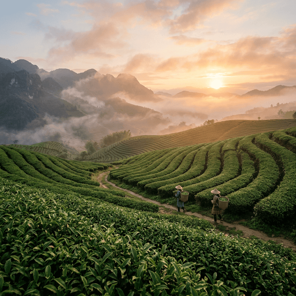 Two farmers walking on a path through green terraced tea fields with baskets at sunrise in misty mountains