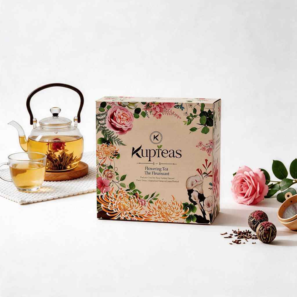 Kupteas Blooming Tea Gift Box main image showing assorted flowering teas in 4 flavors