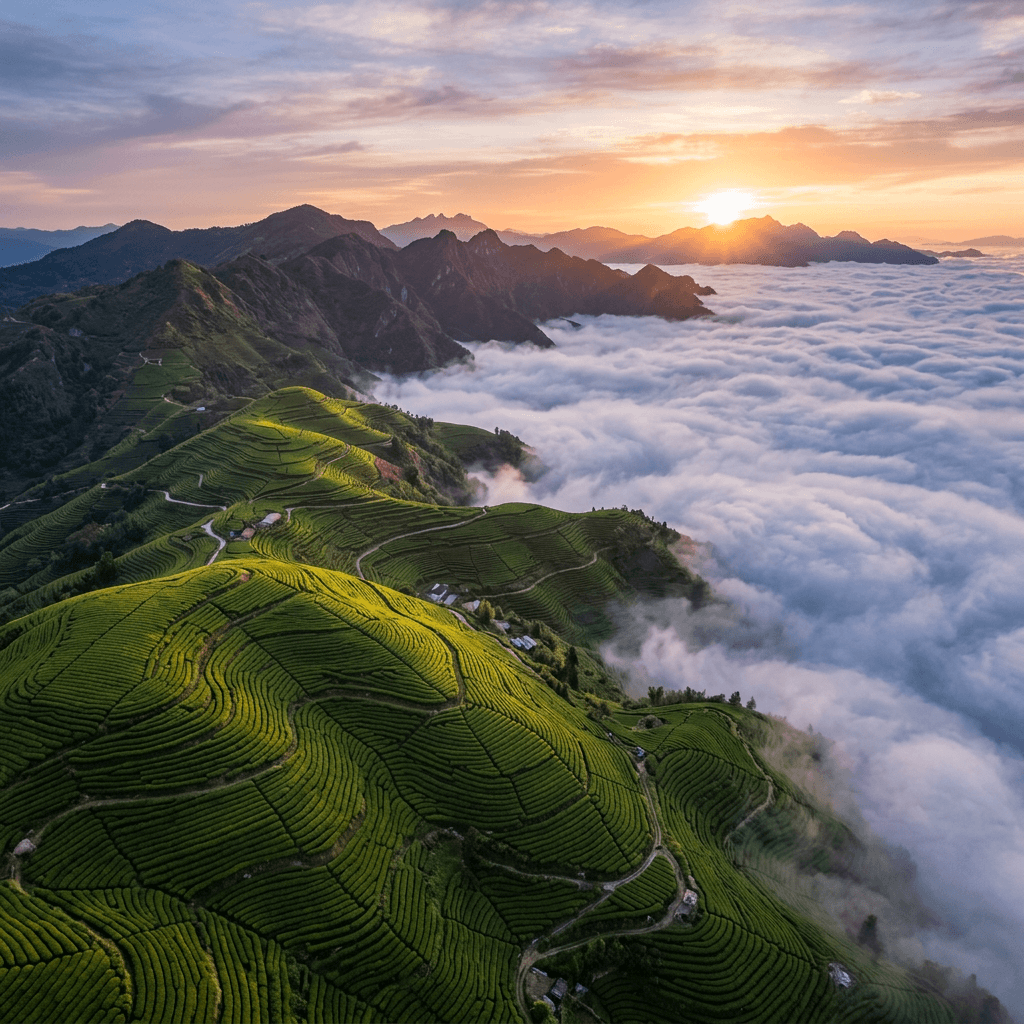 Aerial tea terraces above clouds at dawn