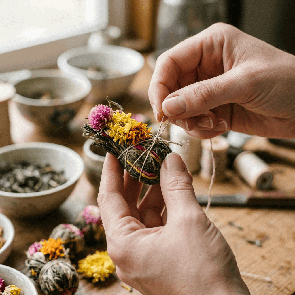 Macro tying blooming tea ball hands
