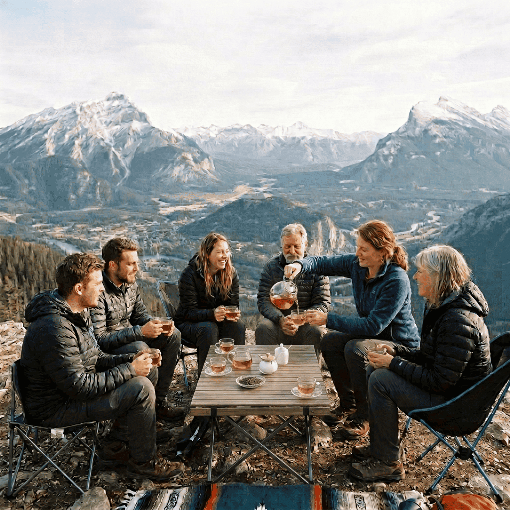 Group of six people sitting in camping chairs around a table with coffee cups, enjoying a scenic mountain view